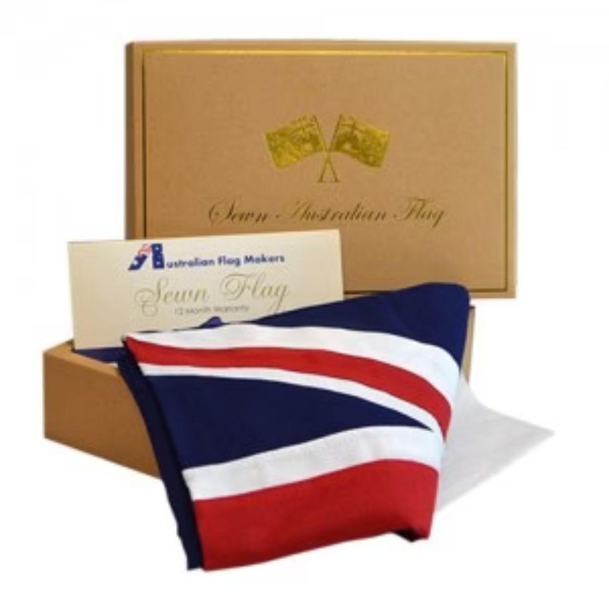 An Australian flag gift set from Sevn Flag, featuring a folded red, white, and blue Australian flag, a gold-colored presentation box with gold foil branding, and a white branded card.